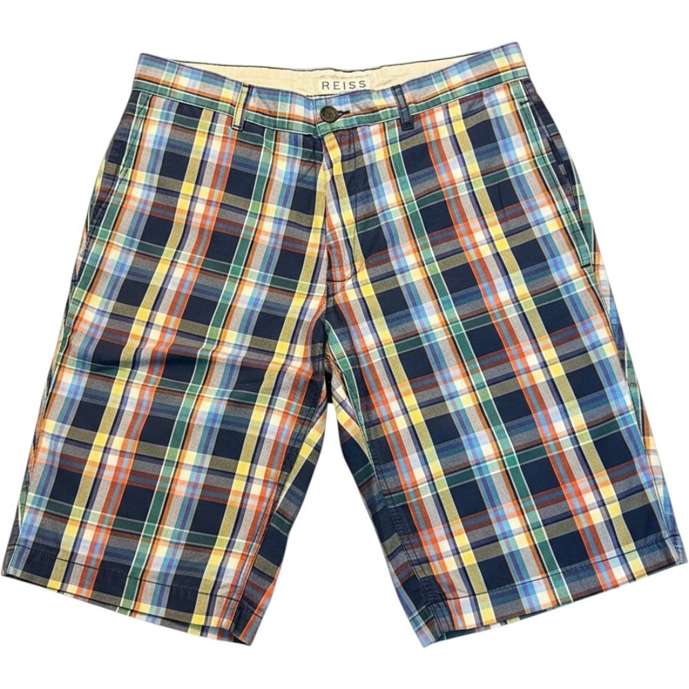 Reiss Mens Plaid Shorts Multi Color Navy Orange Green‎ Check Flat Front Size 30